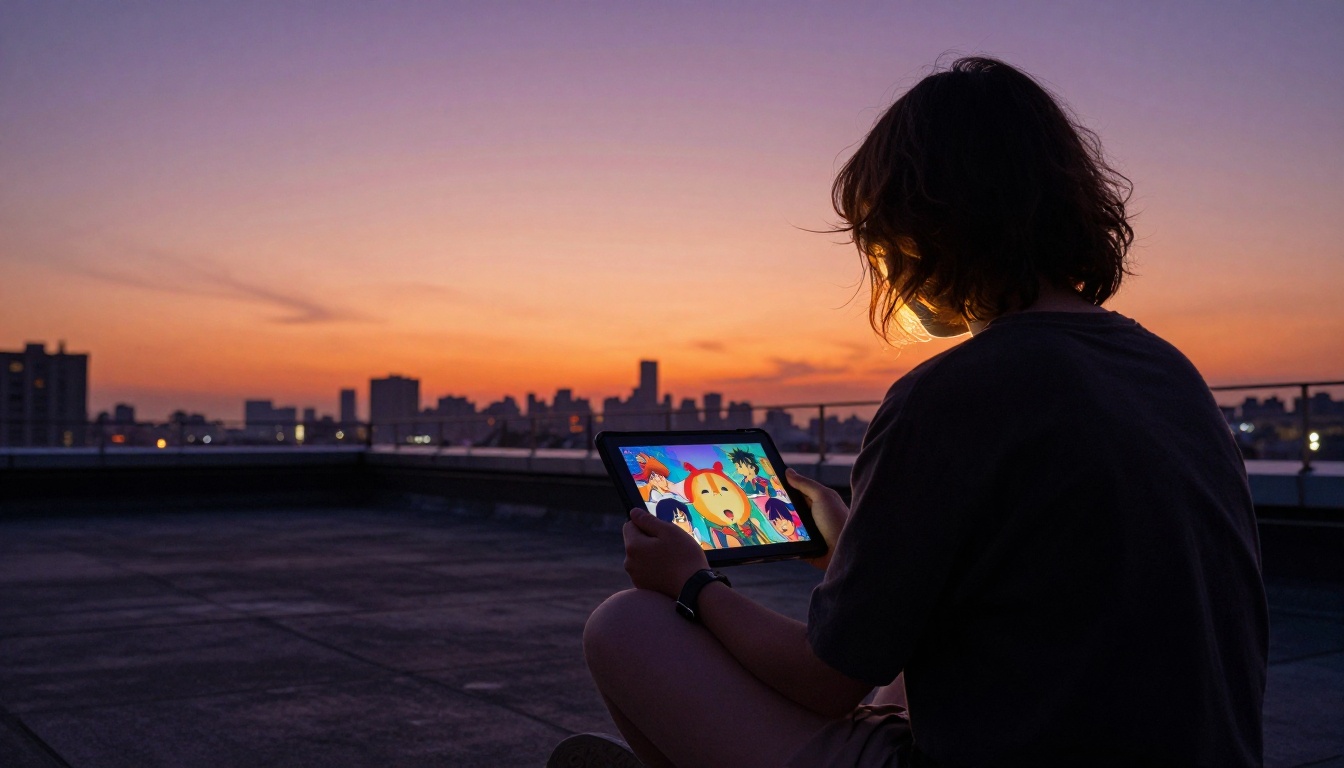 Person sitting on rooftop at dusk viewing anime illustrations on tablet with city silhouette behind