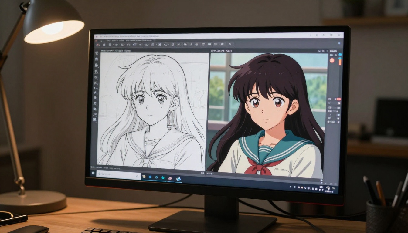 High-resolution monitor showing anime linework versus AI-generated colored version side-by-side
