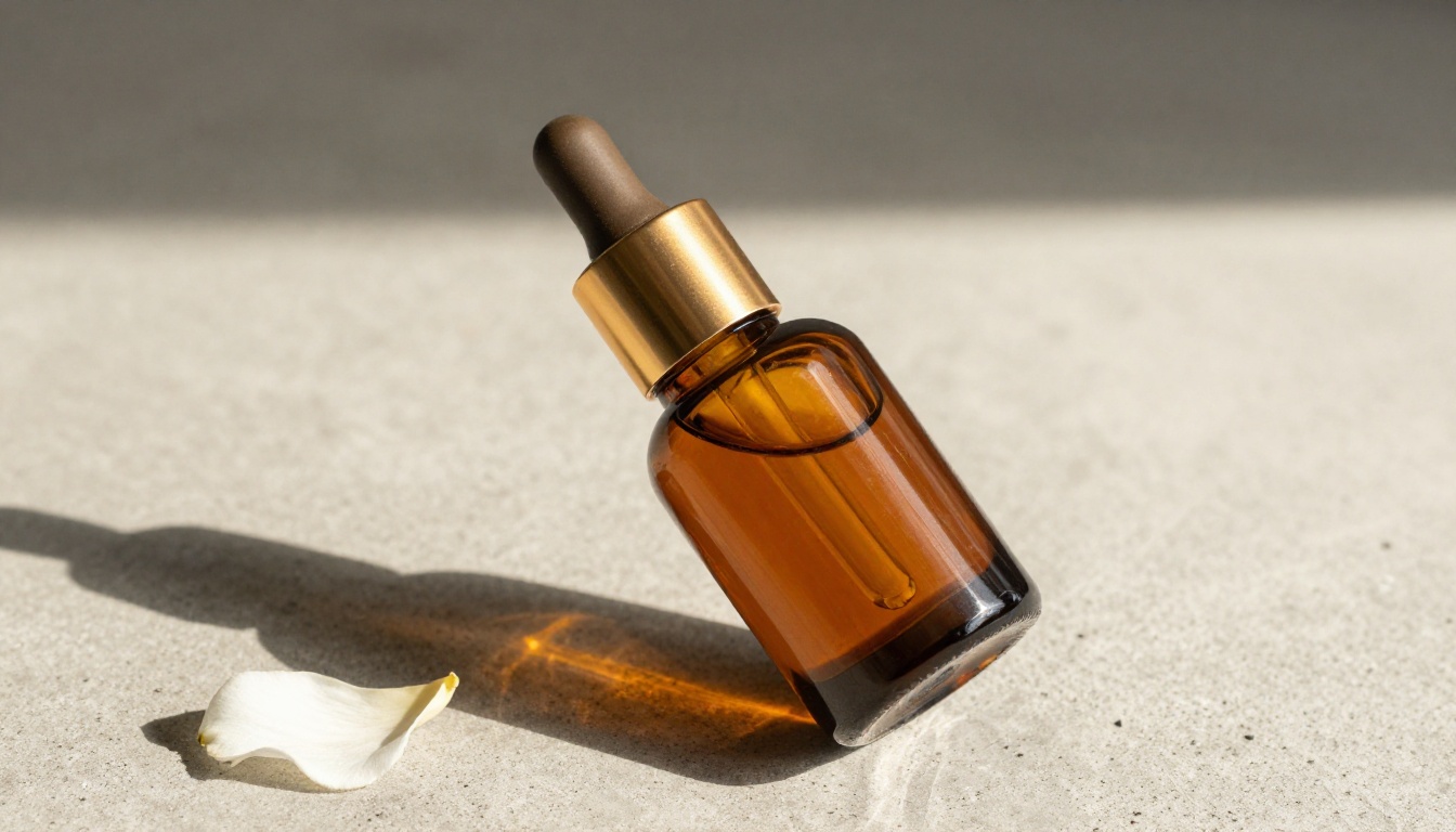 Luxury skincare serum on concrete surface with golden dropper cap and natural window light