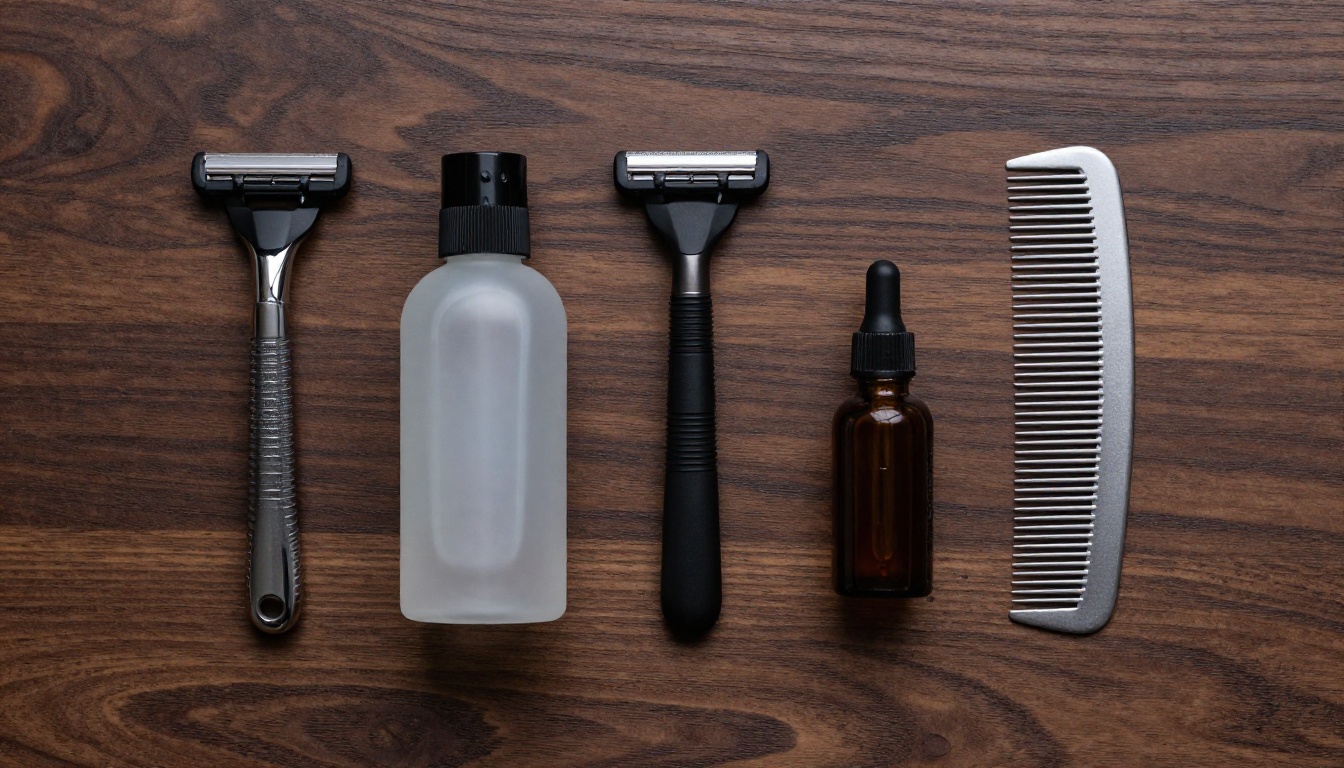 Men's grooming kit overhead flat-lay on dark walnut wood with razor, cologne bottle and silver comb