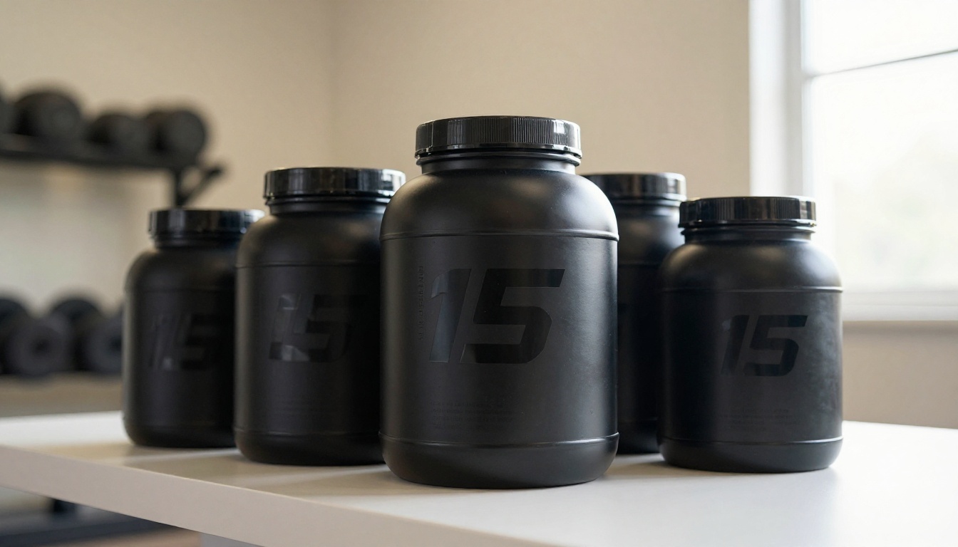 Protein supplement containers in heroic low-angle shot with gym background bokeh Protein supplement containers in heroic low-angle shot with gym background bokeh