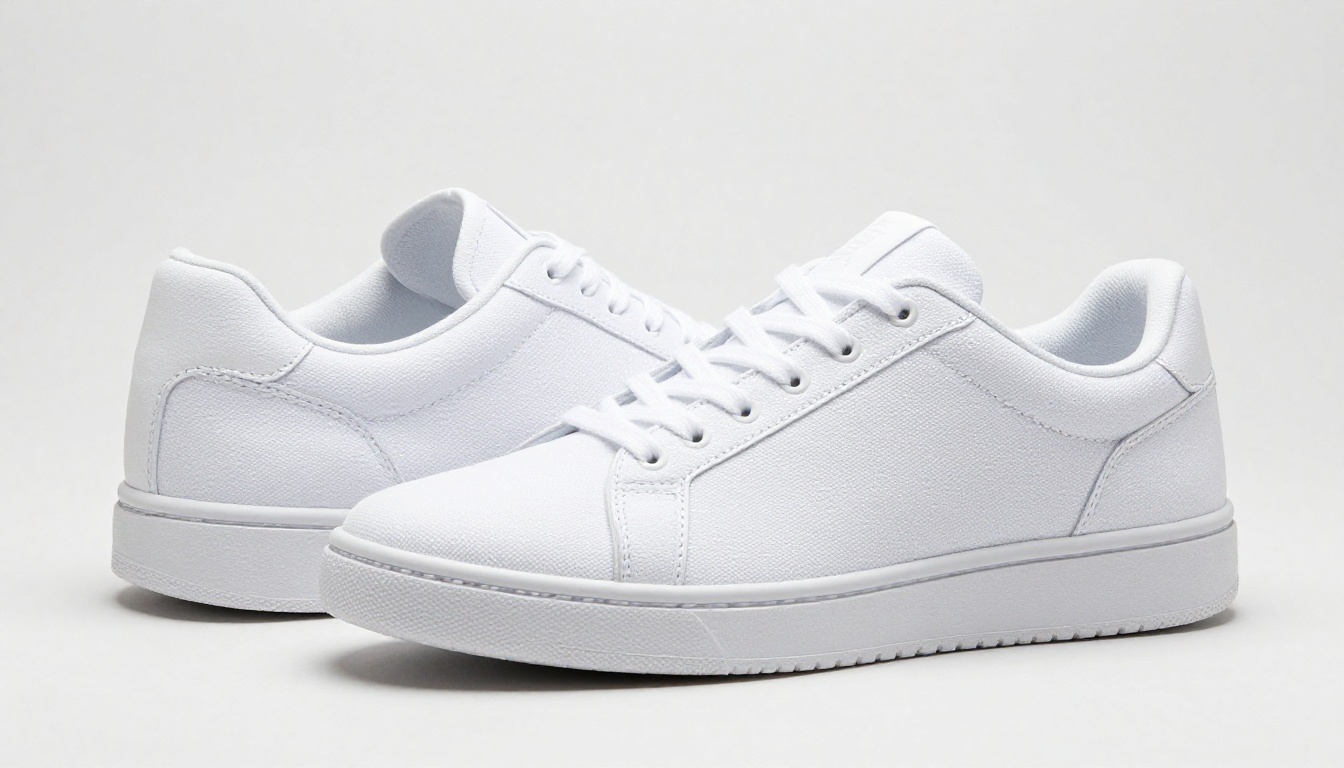 White minimalist sneakers floating against pure white seamless background with perfect edge definition White minimalist sneakers floating against pure white seamless background with perfect edge definition