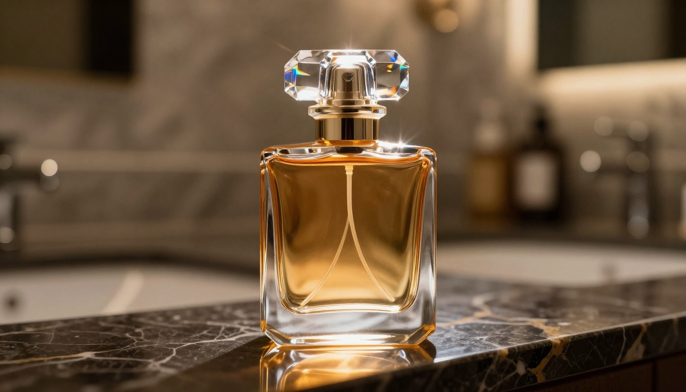 Faceted crystal perfume bottle with amber backlighting and golden halo on dark marble surface