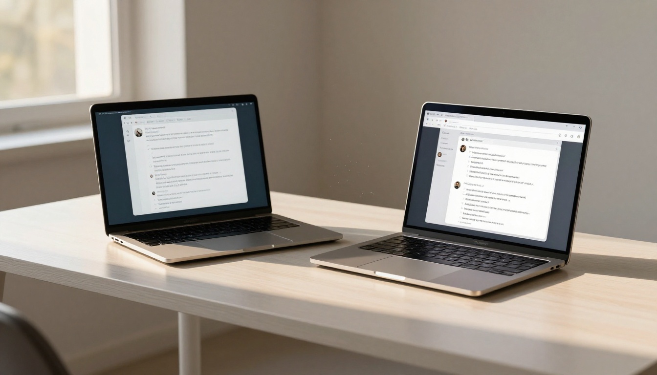 Two AI chatbot interfaces displayed on laptops side by side on a wooden desk