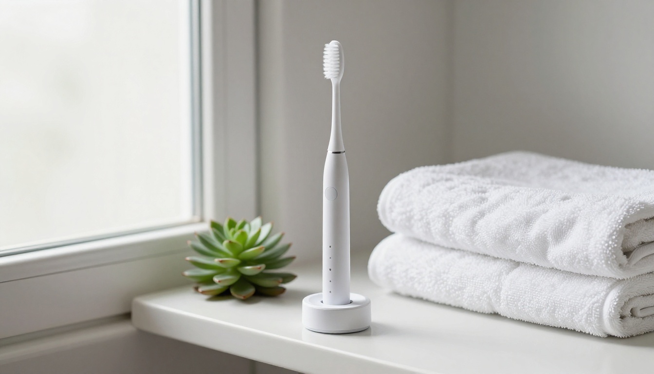 Electric toothbrush in clean bathroom on shelf with morning light, white towel and green succulent Electric toothbrush in clean bathroom on shelf with morning light, white towel and green succulent