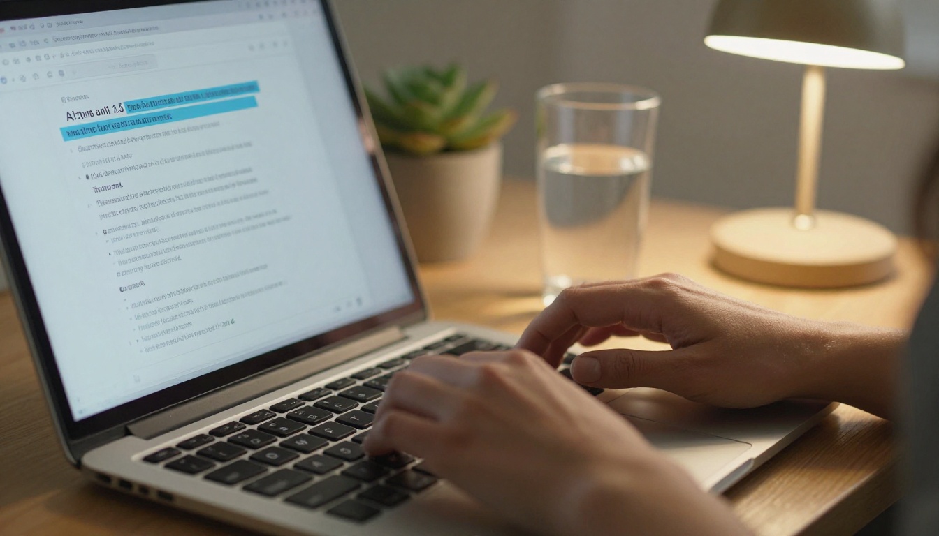 Professional woman's hands typing on a laptop with AI email suggestions on screen