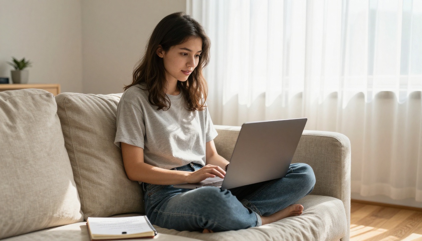 Young creative writer sitting cross-legged on a couch with an open laptop