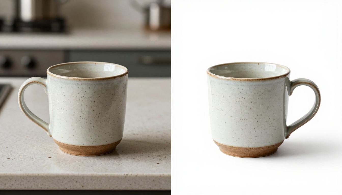Before and after AI background removal showing ceramic coffee mug on white seamless background