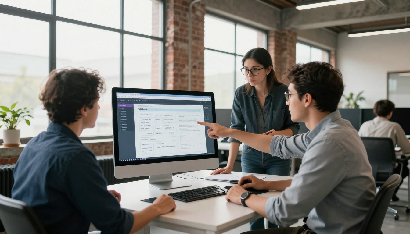Small marketing team gathered around a monitor reviewing AI-generated content