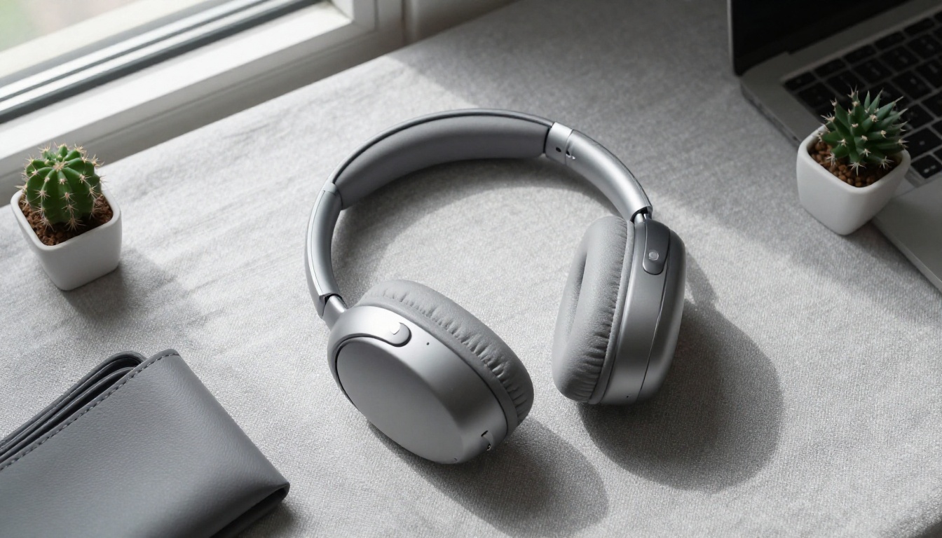 Tech wireless headphones flat-lay on grey linen with leather cable organizer and small cactus