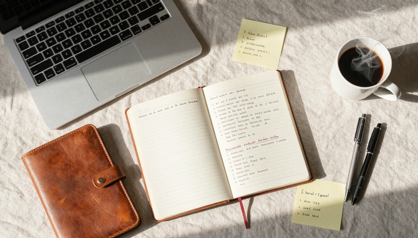 Writer's desk flatlay with laptop, leather journal, pens, and coffee mug