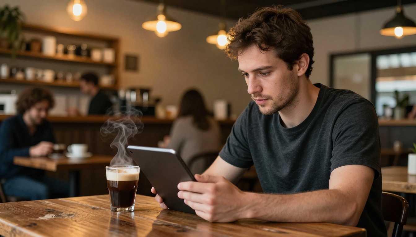 Man reviewing text on a tablet at a coffee shop table with espresso Man reviewing text on a tablet at a coffee shop table with espresso
