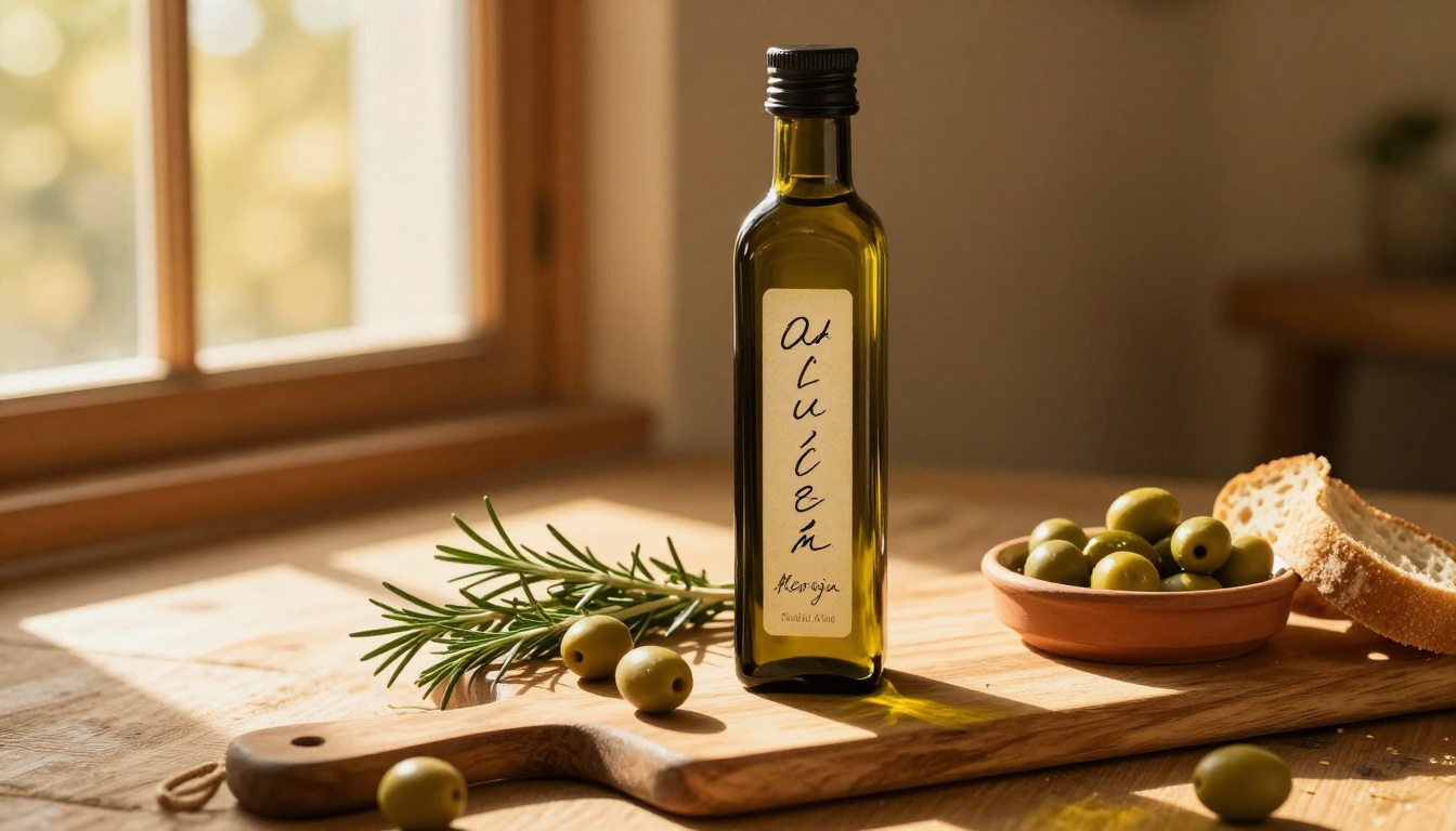 Artisan olive oil bottle with rosemary and fresh olives in warm golden hour light on rustic wooden board Artisan olive oil bottle with rosemary and fresh olives in warm golden hour light on rustic wooden board