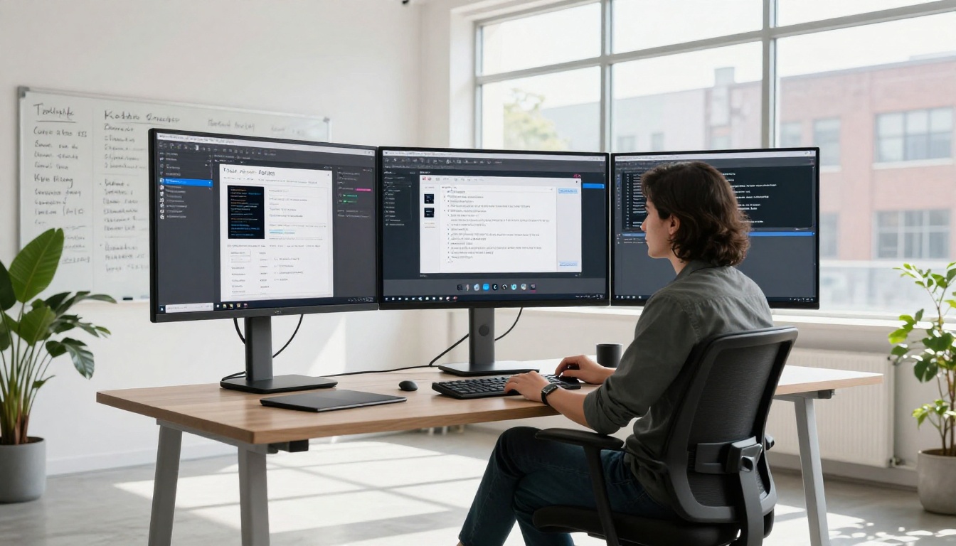 Professional copywriter at a standing desk with dual curved monitors showing documents Professional copywriter at a standing desk with dual curved monitors showing documents