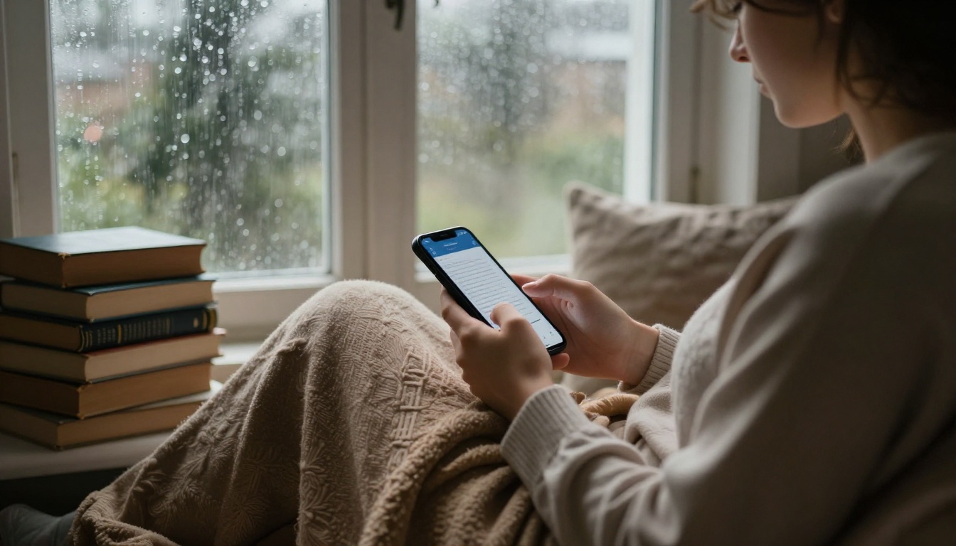 Person reading smartphone in a cozy window nook with warm light and stacked books Person reading smartphone in a cozy window nook with warm light and stacked books