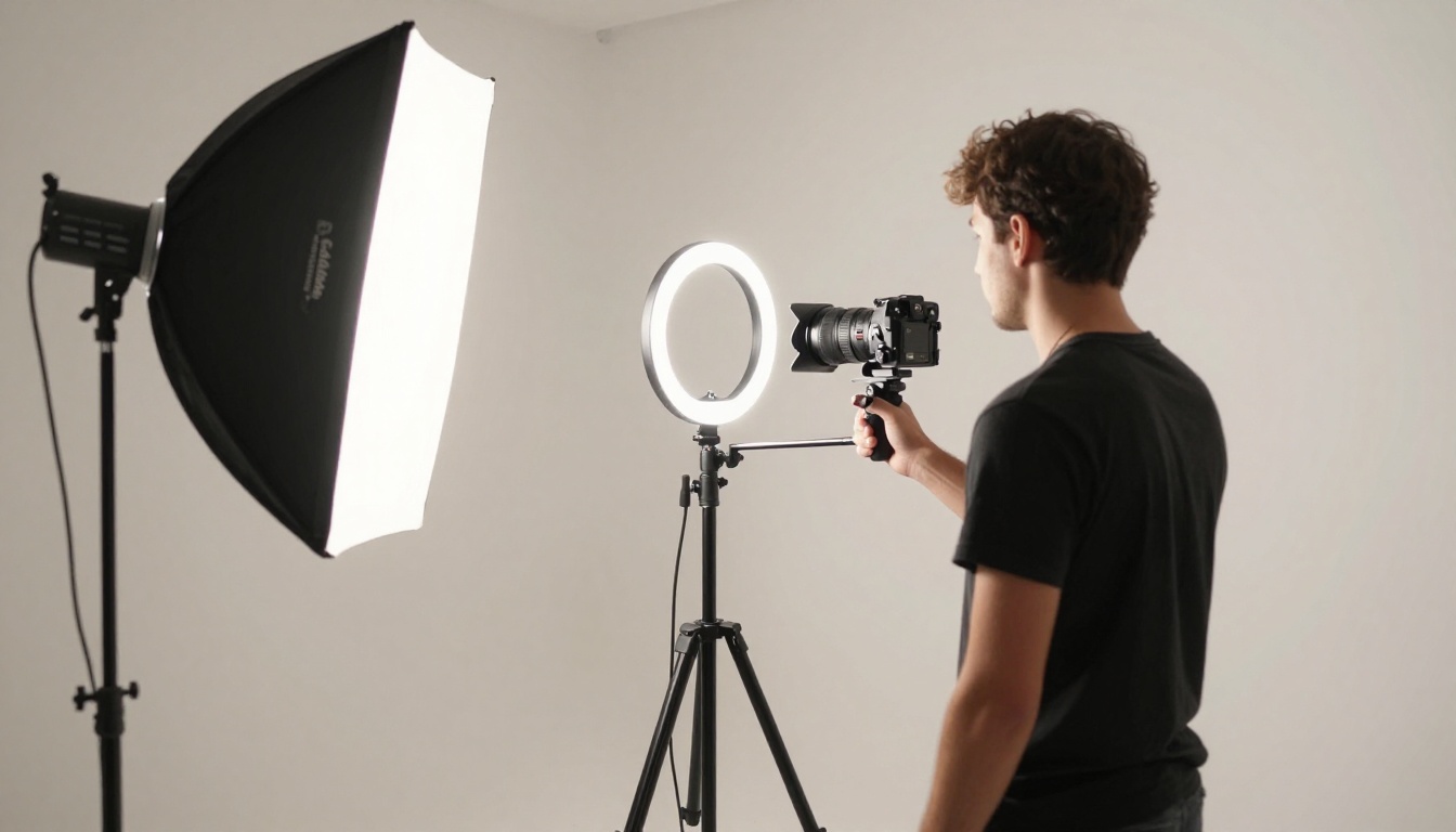 A professional video studio setup with camera, ring light, and tripod for short-form content creation
