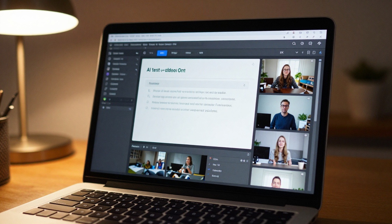 An AI text-to-video generation interface visible on a laptop screen with prompt input and preview thumbnails