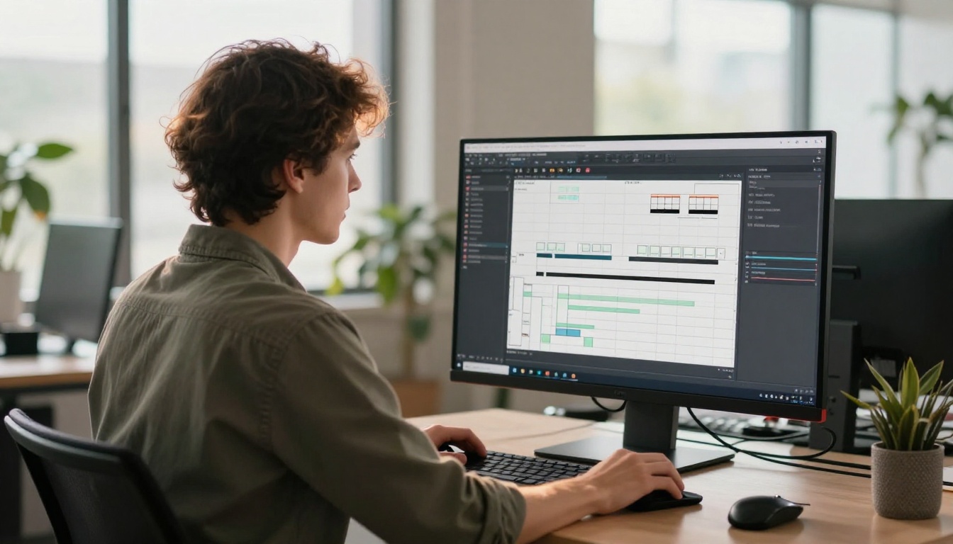 A person editing vertical video clips on a large 4K monitor at a standing desk with natural window light
