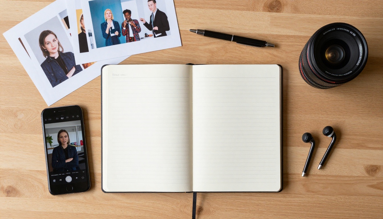 A flat-lay overhead photo of YouTube content creation tools including smartphone, notebook, and printed video stills