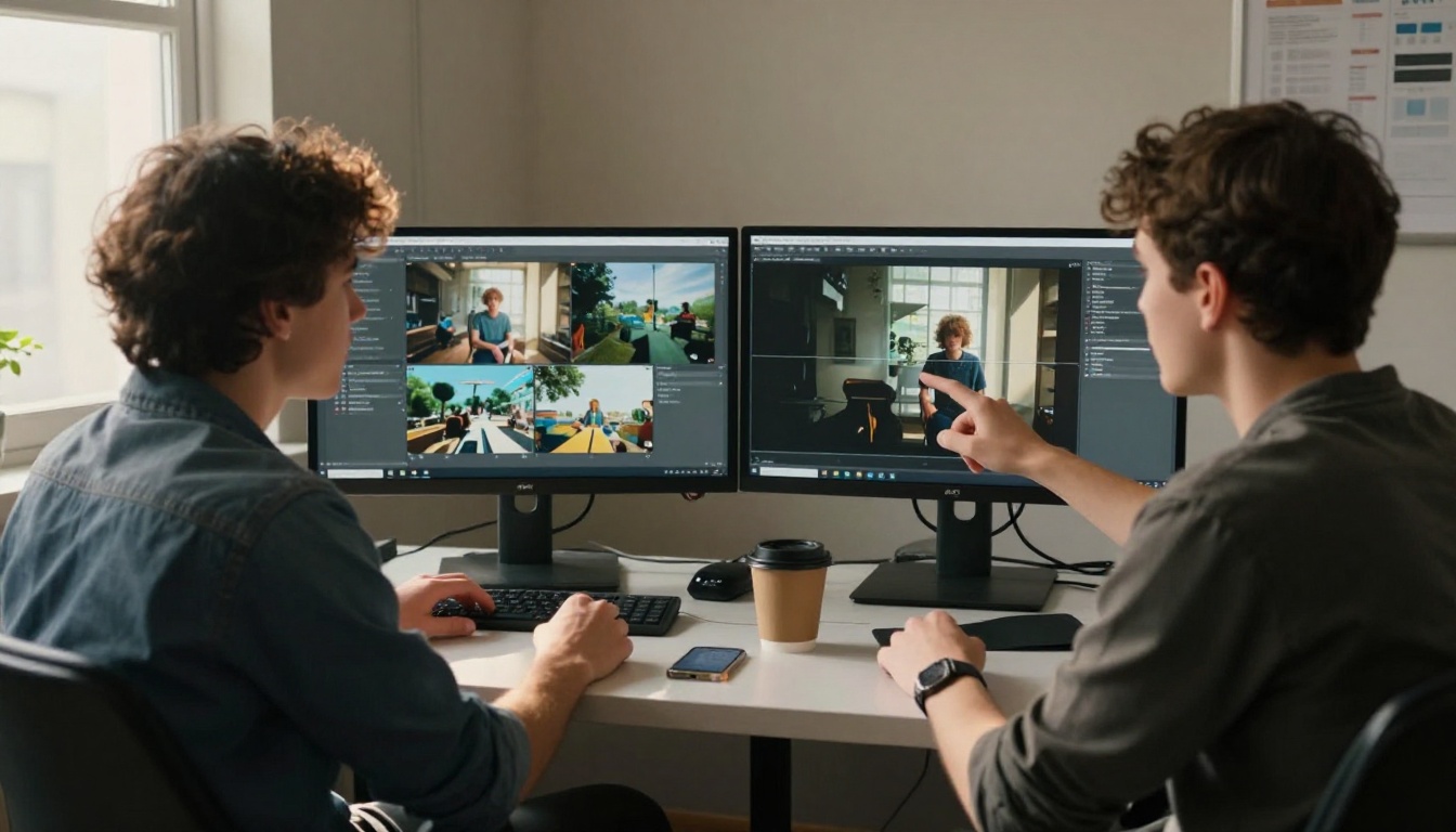 Two young creators collaborating at a dual-monitor workstation reviewing AI-generated video clips