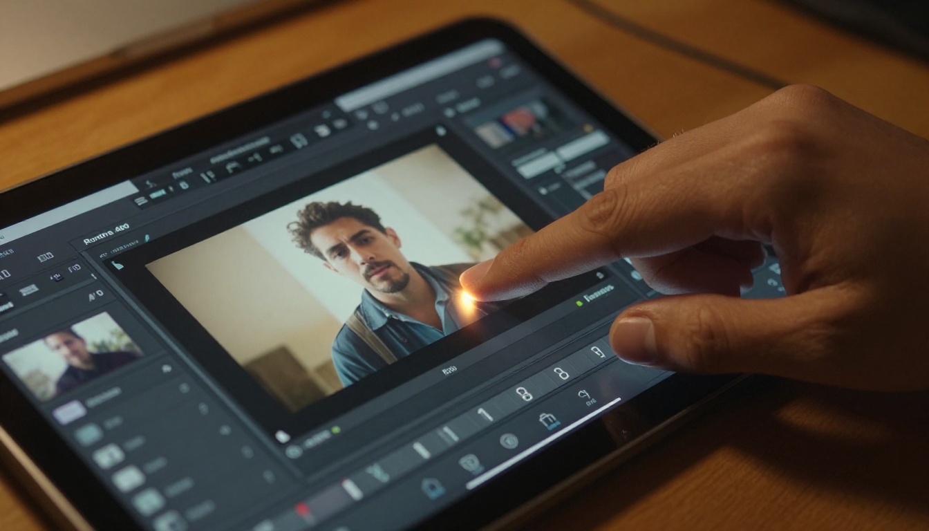 A close-up of a hand dragging a video clip thumbnail on a touchscreen tablet editing interface