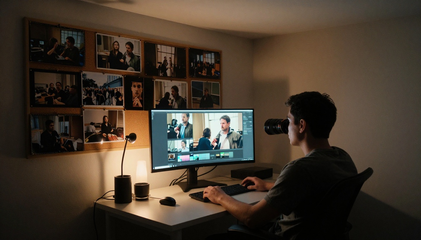 A content creator reviewing video footage late at night in a dim workspace with monitor glow