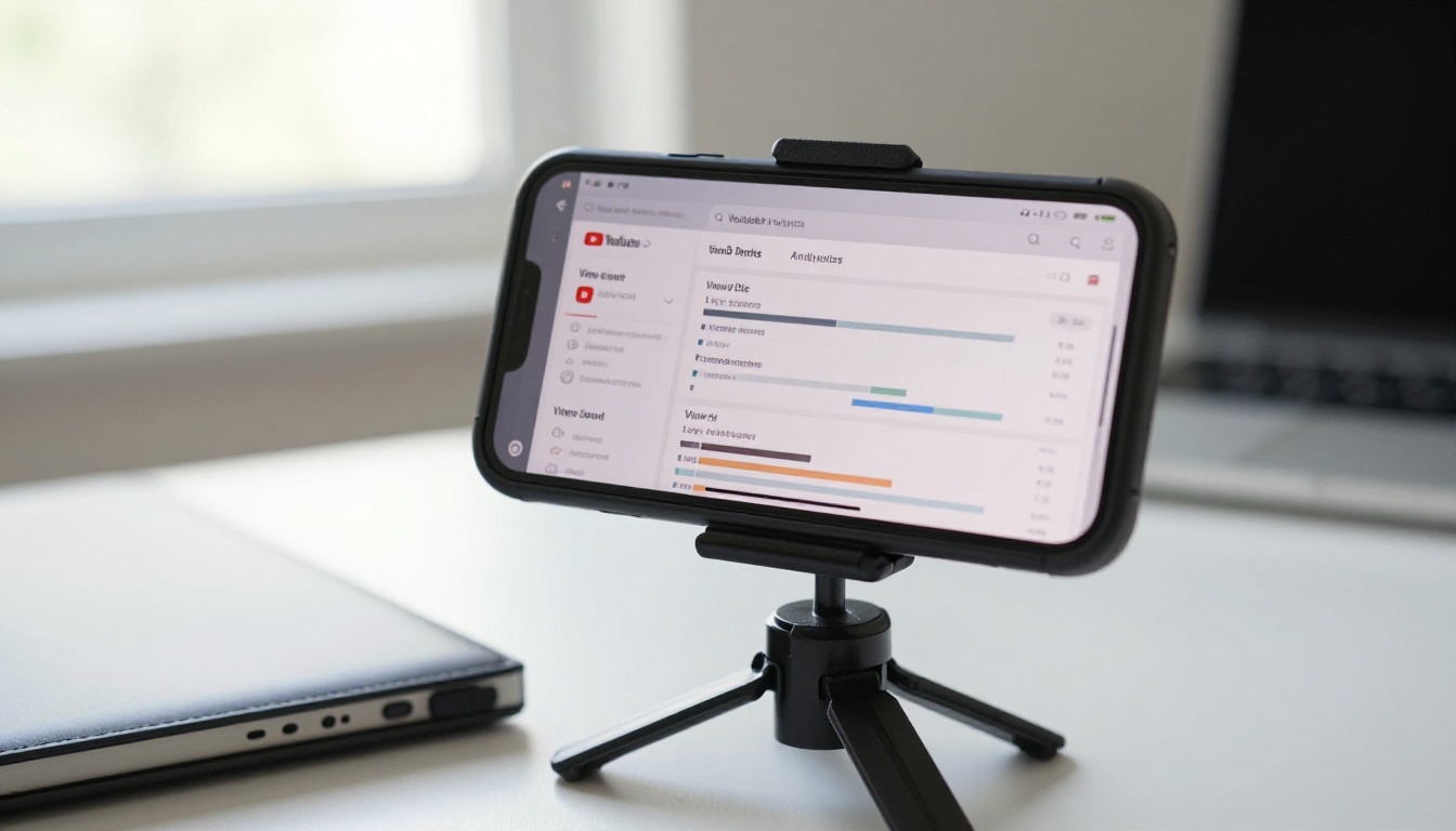 A smartphone on a tripod displaying YouTube Shorts analytics with view count and engagement data visible