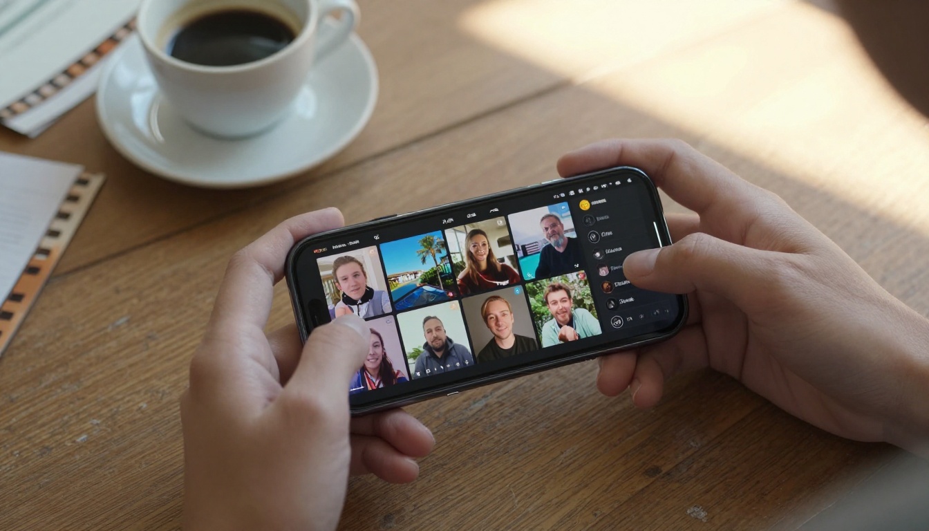 Hands holding smartphone with AI video editing interface on wooden desk