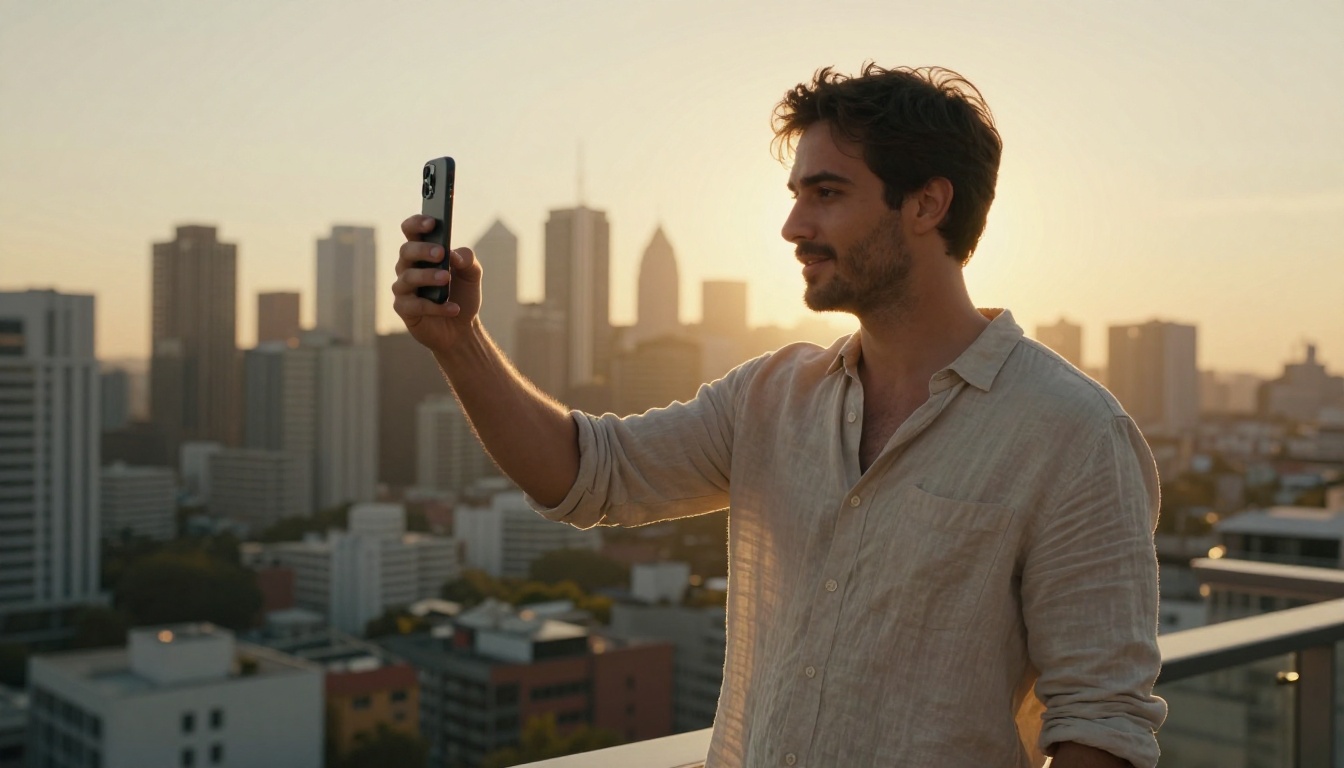 Content creator filming on rooftop at golden hour with city skyline