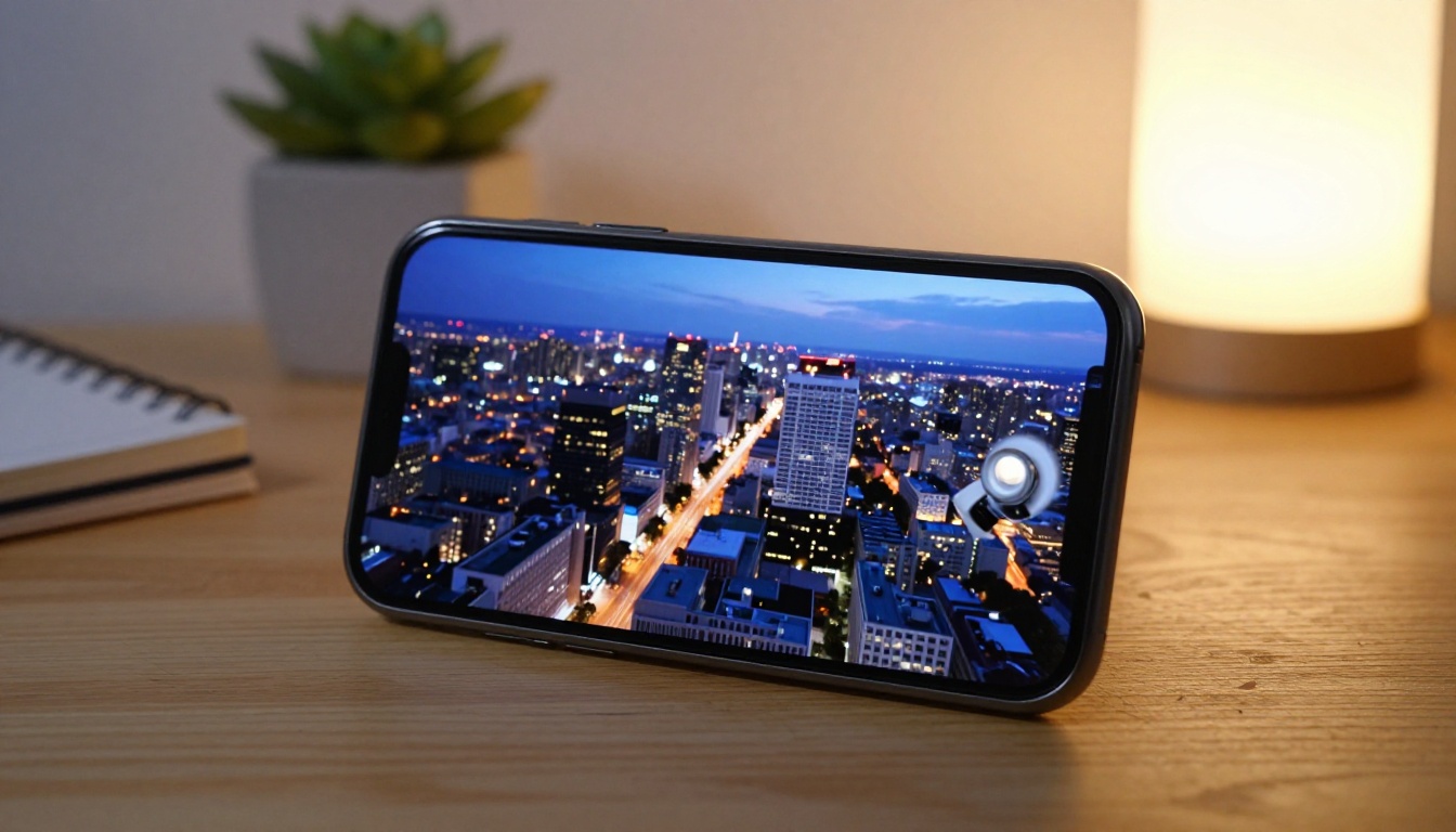 Smartphone displaying cinematic aerial cityscape video with warm city lights at dusk