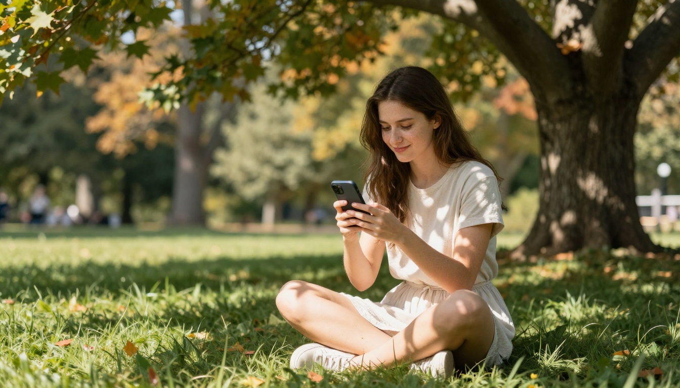 Young woman sitting in park watching AI-generated video on her phone