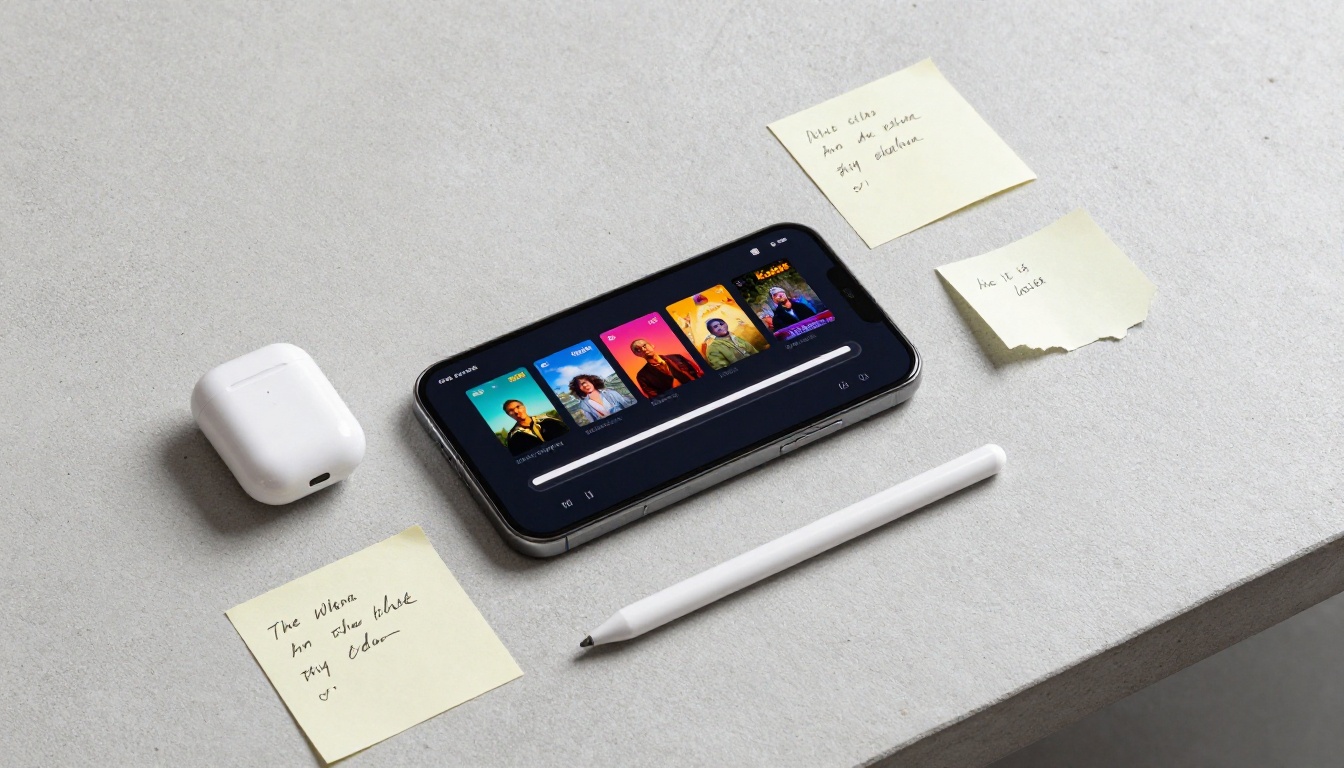 Flat lay of smartphone on concrete surface showing AI video generation interface