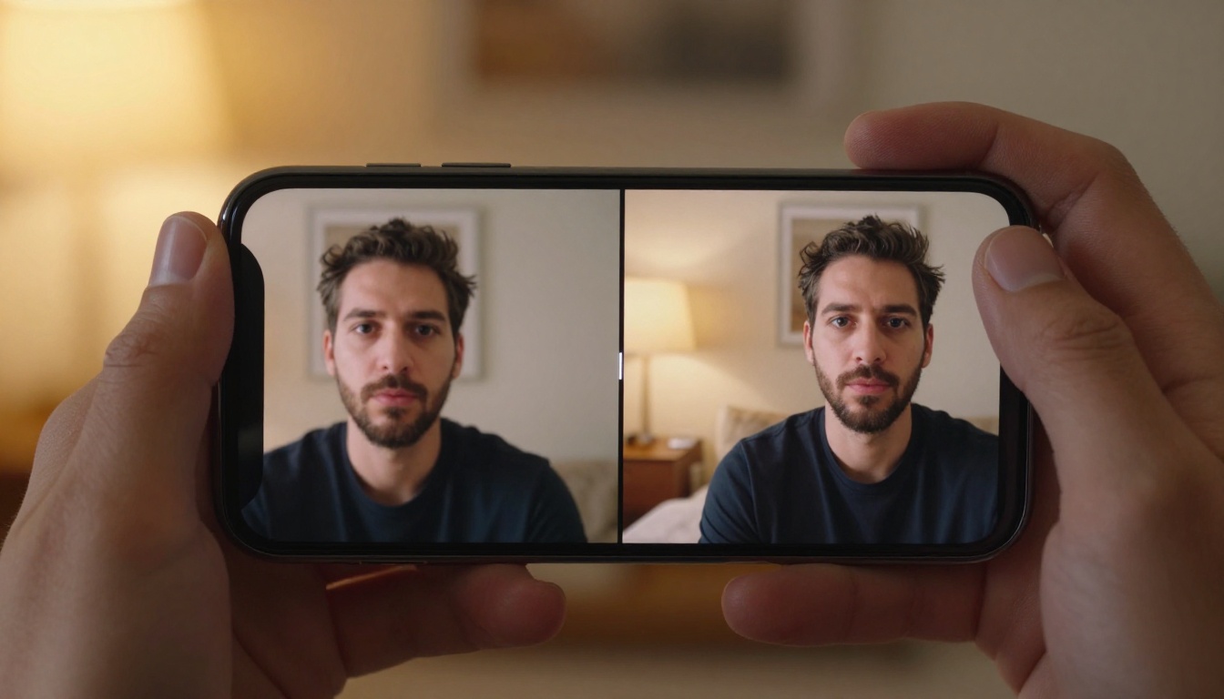 Smartphone showing before and after video quality comparison held by hand
