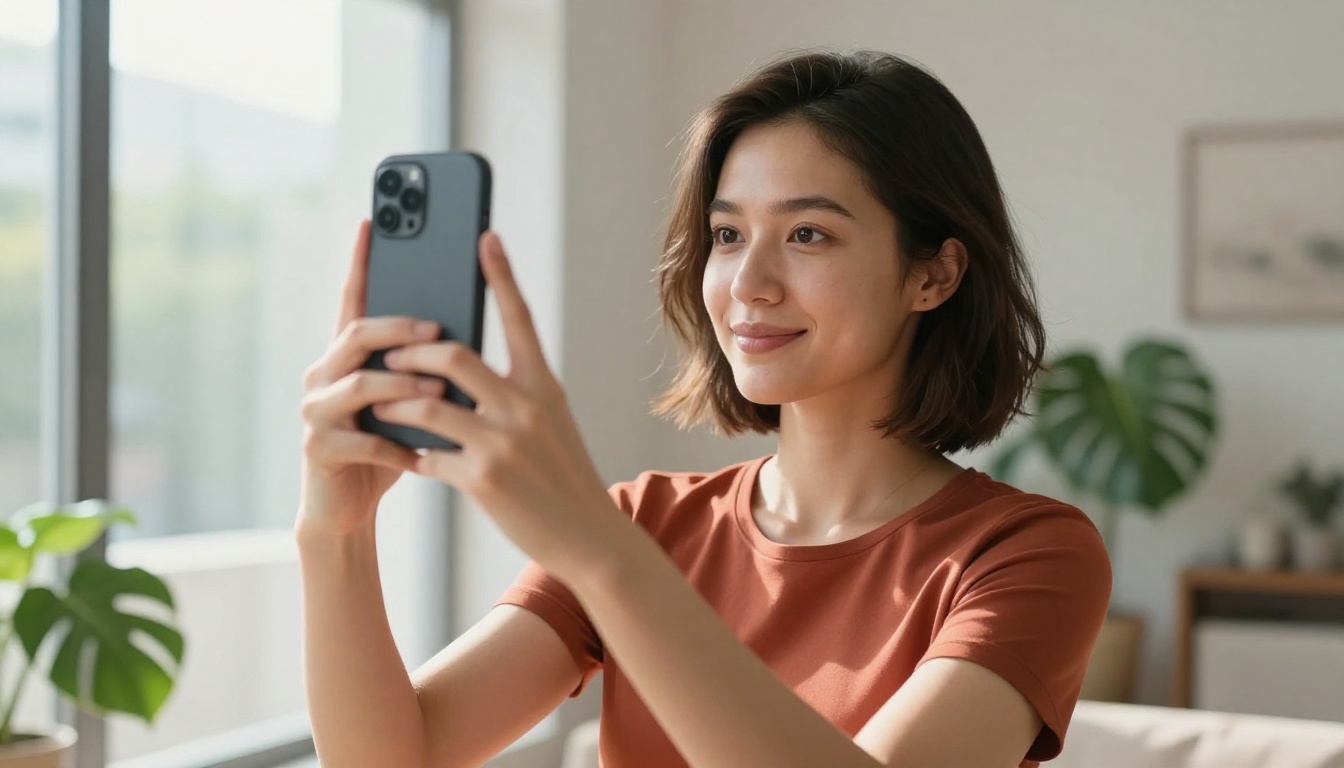 Female social media creator filming selfie video with natural window light