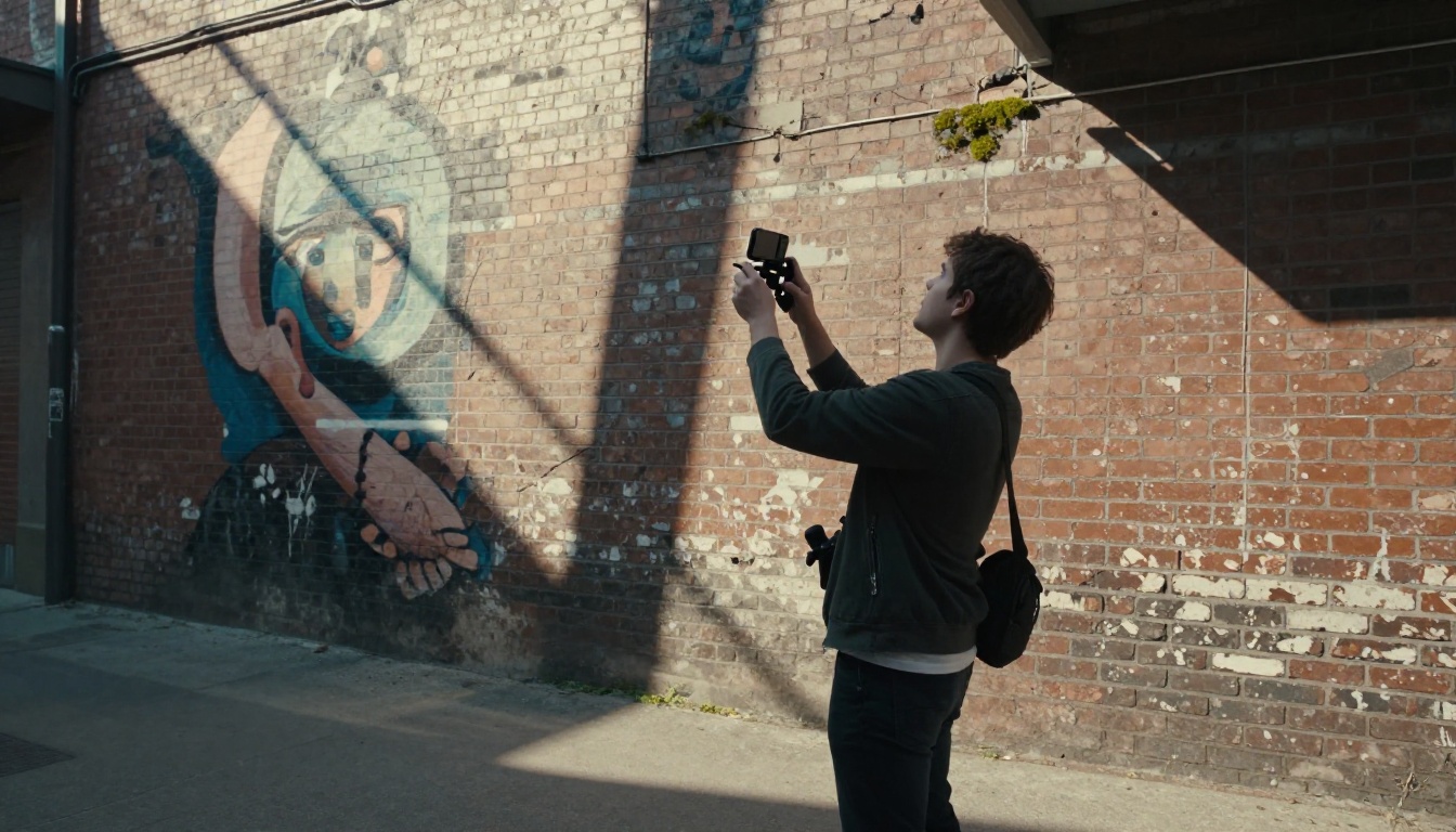 Young male videographer with smartphone in urban alley at morning