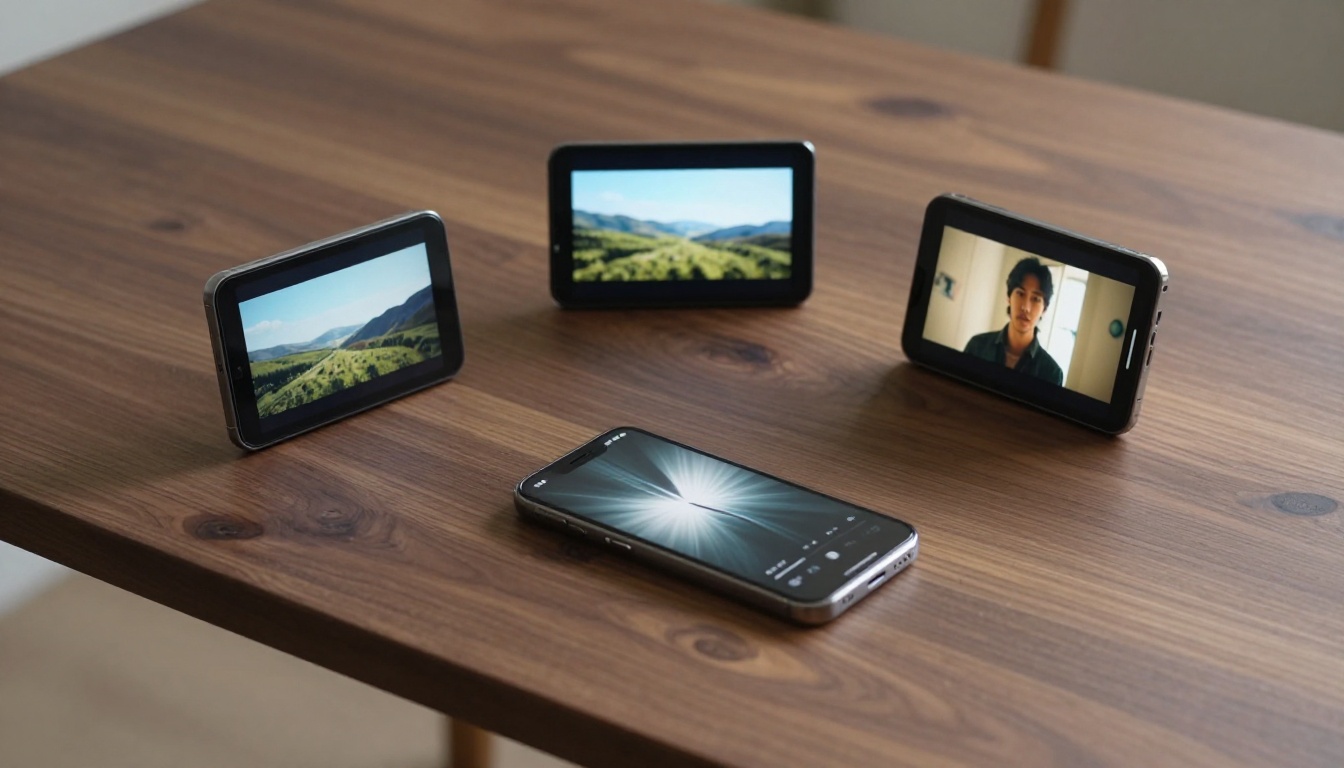 Three smartphones on walnut table each displaying different AI-generated video clips