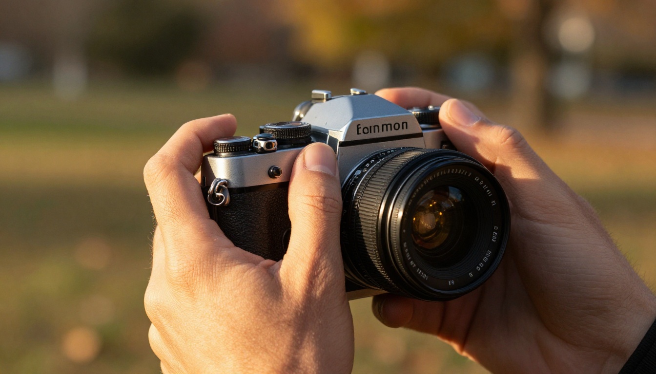 Hands holding DSLR camera in golden hour outdoor light with textured rubber grip in sharp focus