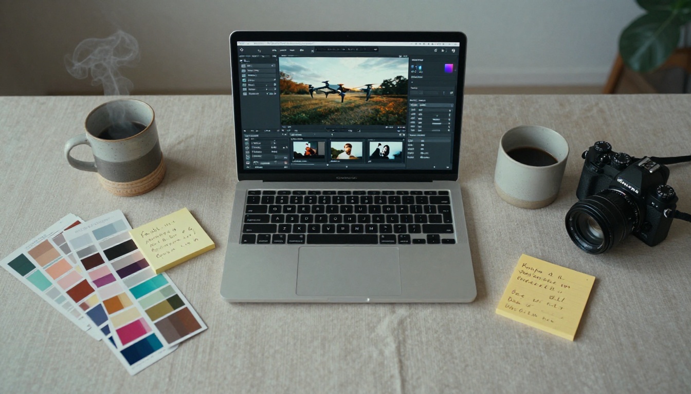 Aerial flatlay of creative professional desk with laptop camera and design materials bathed in soft overcast daylight
