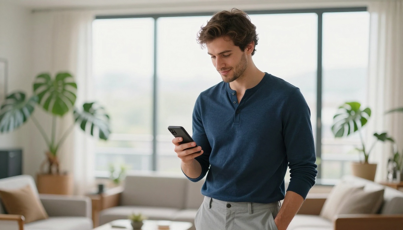Stylish young man in fitted navy henley standing in bright modern apartment looking at phone with satisfied expression