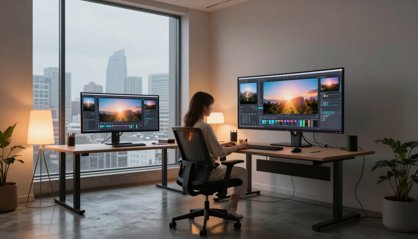 Wide shot of minimalist design studio with dual monitors showing editing software and city skyline through large windows