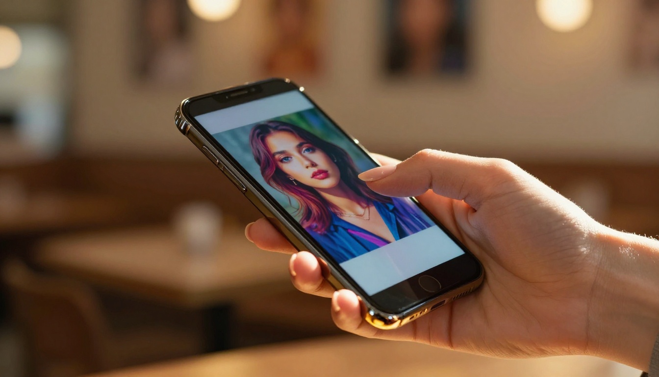 Woman's hand swiping through colorful AI-generated photo gallery on modern smartphone in warm cafe bokeh background