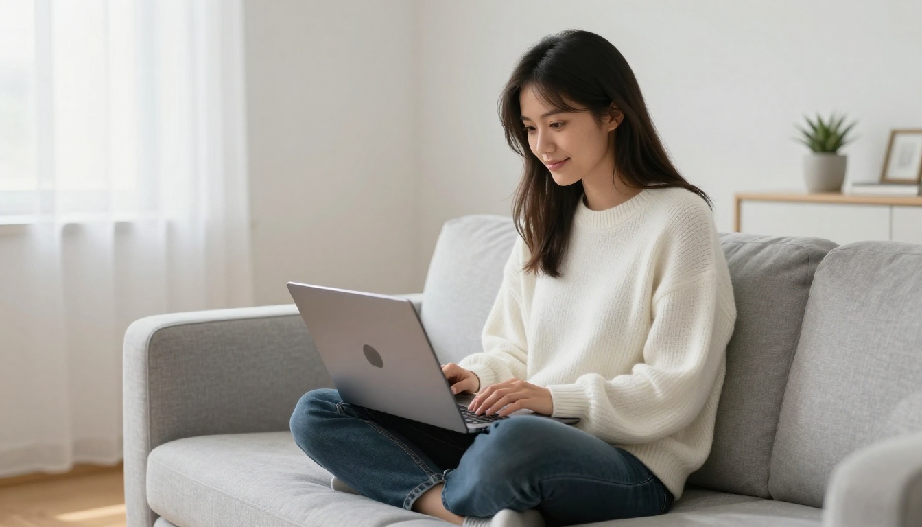 Young creative woman sitting cross-legged on light grey couch with laptop reviewing AI-generated images in Scandinavian living room