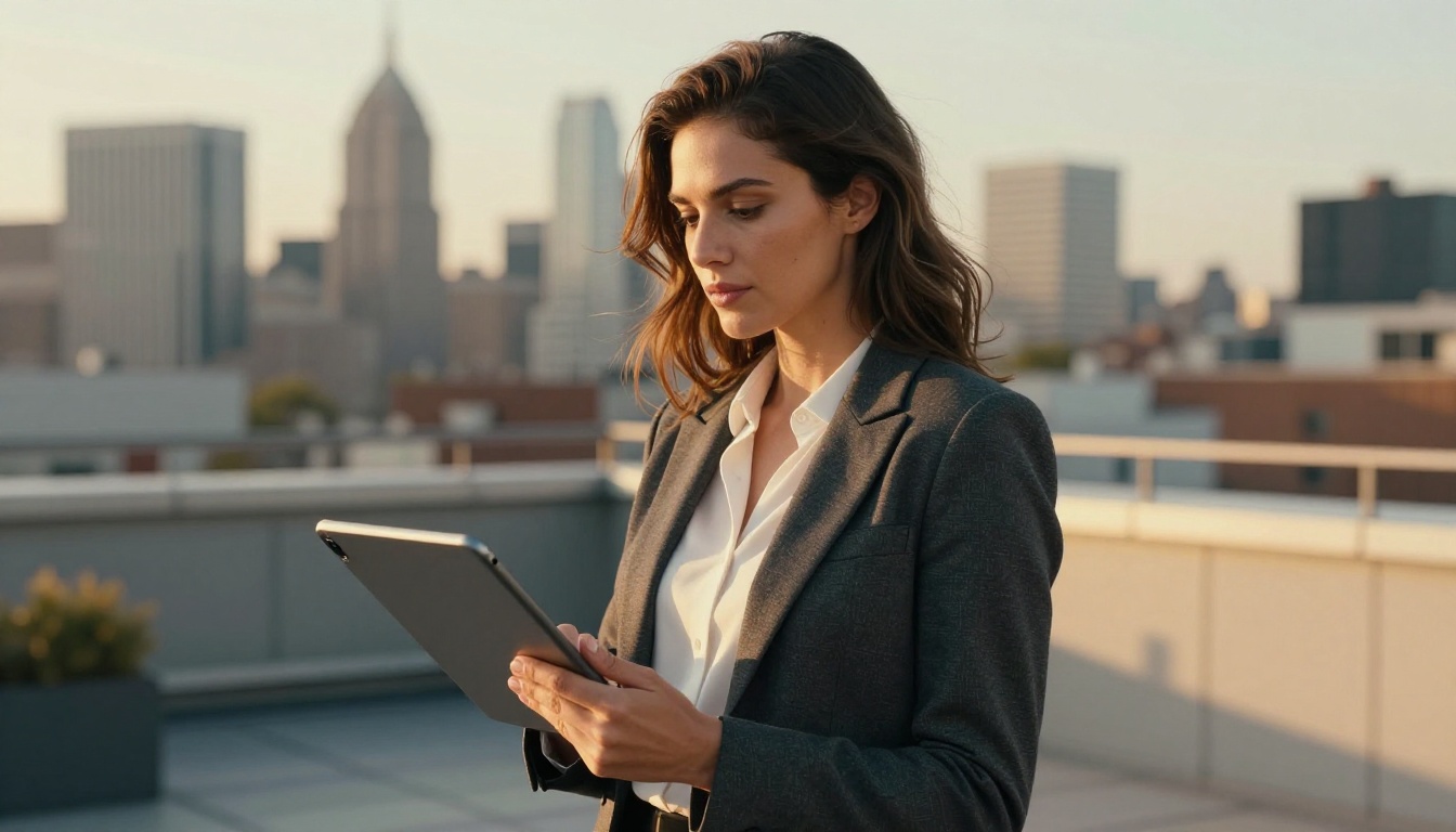 Confident professional woman on rooftop terrace with tablet showing crisp photo, city skyline glowing in warm golden hour backlight