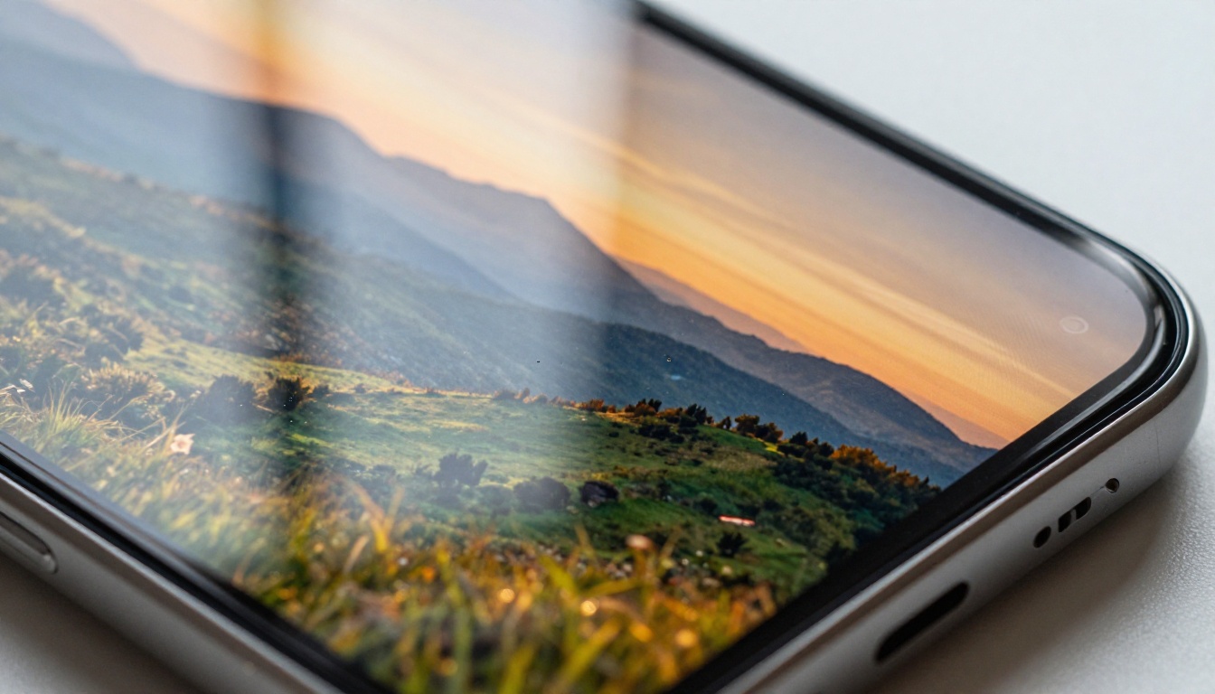 Extreme close-up macro of smartphone screen displaying vibrant AI-generated landscape with subtle glass reflections and fingerprint texture