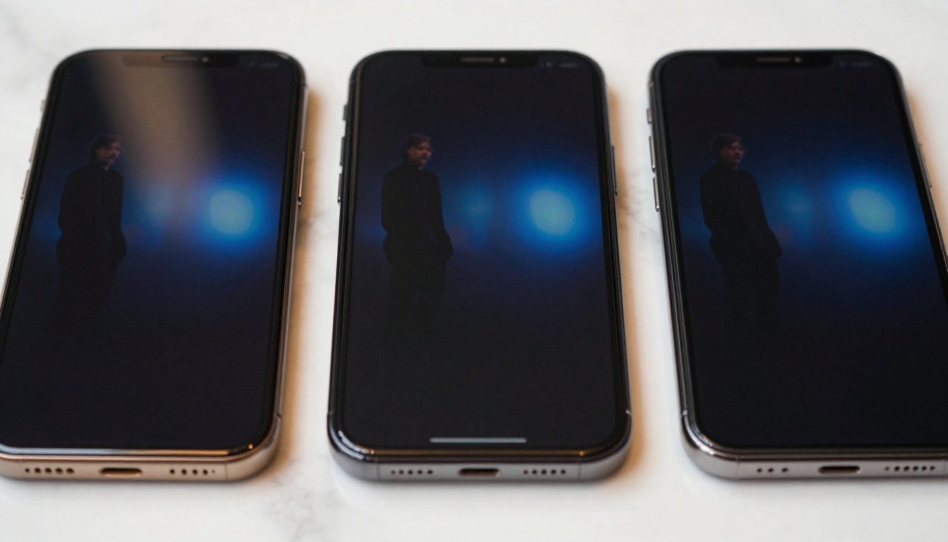 Three smartphones displaying vertical AI video previews on white marble surface