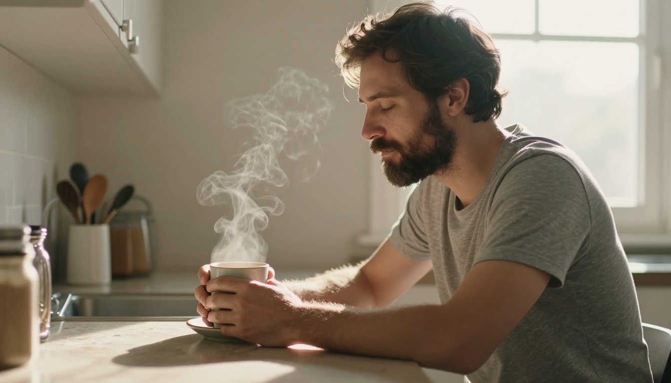 Bearded man in his forties at sunlit kitchen counter holding ceramic coffee mug with eyes closed and peaceful expression