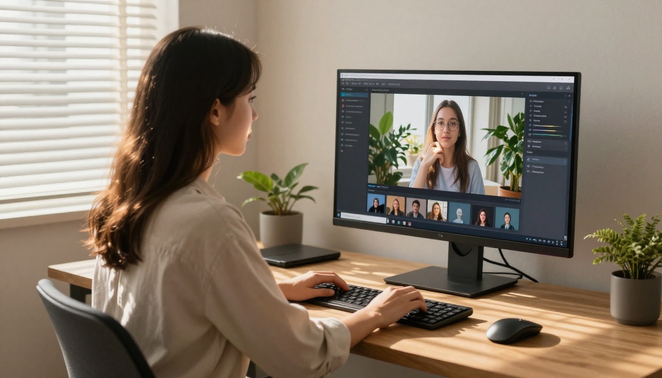 Young woman working at desk with AI video interface on large monitor