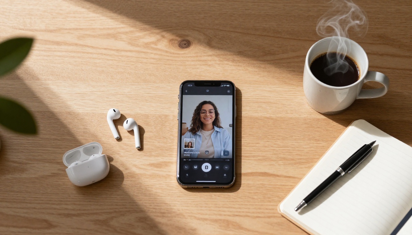 Aerial flat lay of content creator workspace with smartphone, tablet, coffee, and notebook on oak surface