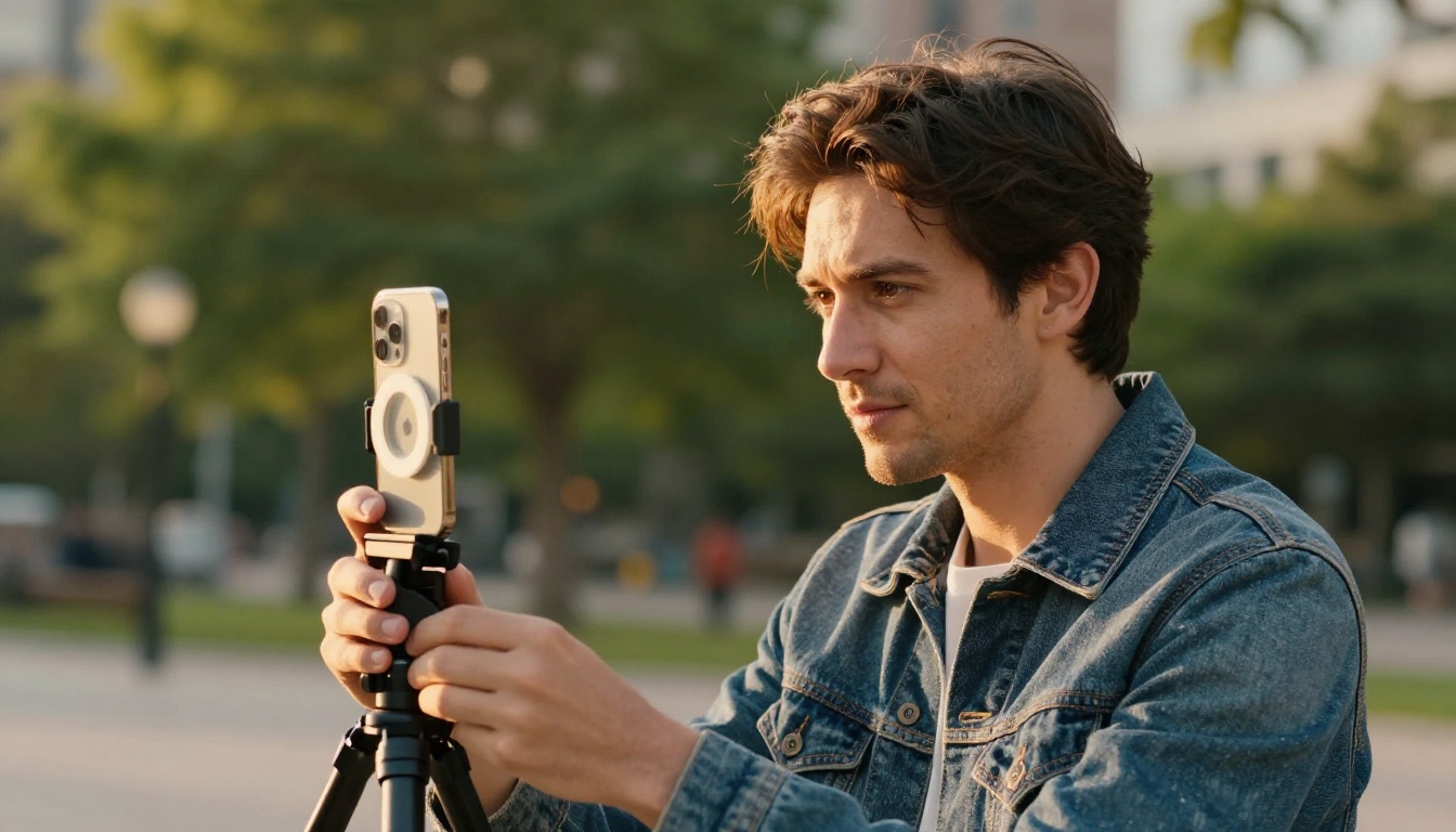 Male content creator filming vertical video outdoors in park with tripod and ring light at golden hour