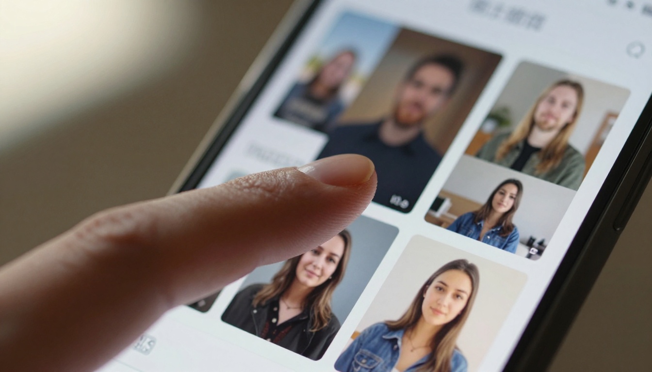 Close-up of finger tapping smartphone screen showing vertical AI video gallery thumbnails